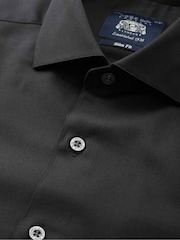 Melns - Savile Row Company Slim Fit Stretch Cotton Herringbone Single Cuff Formal Shirt - Attēls 2 no 3