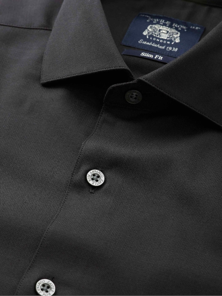 Melns - Savile Row Company Slim Fit Stretch Cotton Herringbone Single Cuff Formal Shirt - Attēls 2 no 3