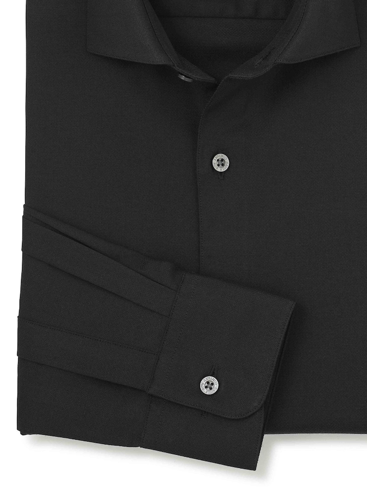 Melns - Savile Row Company Slim Fit Stretch Cotton Herringbone Single Cuff Formal Shirt - Attēls 3 no 3