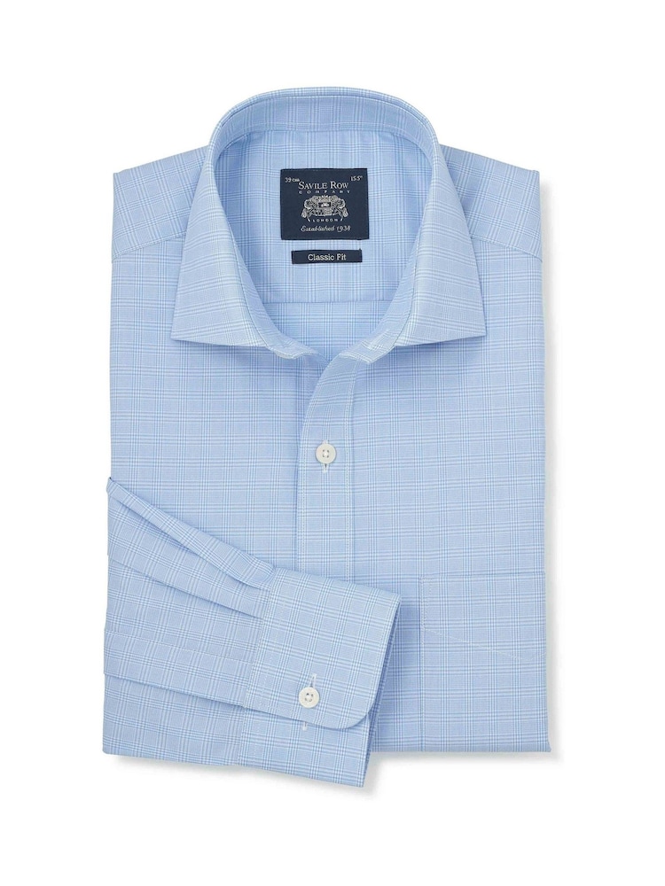Savile Row Company Blue Prince of Wales Check Classic Fit Cotton Twill Single Cuff Formal Shirt - Image 1 of 3
