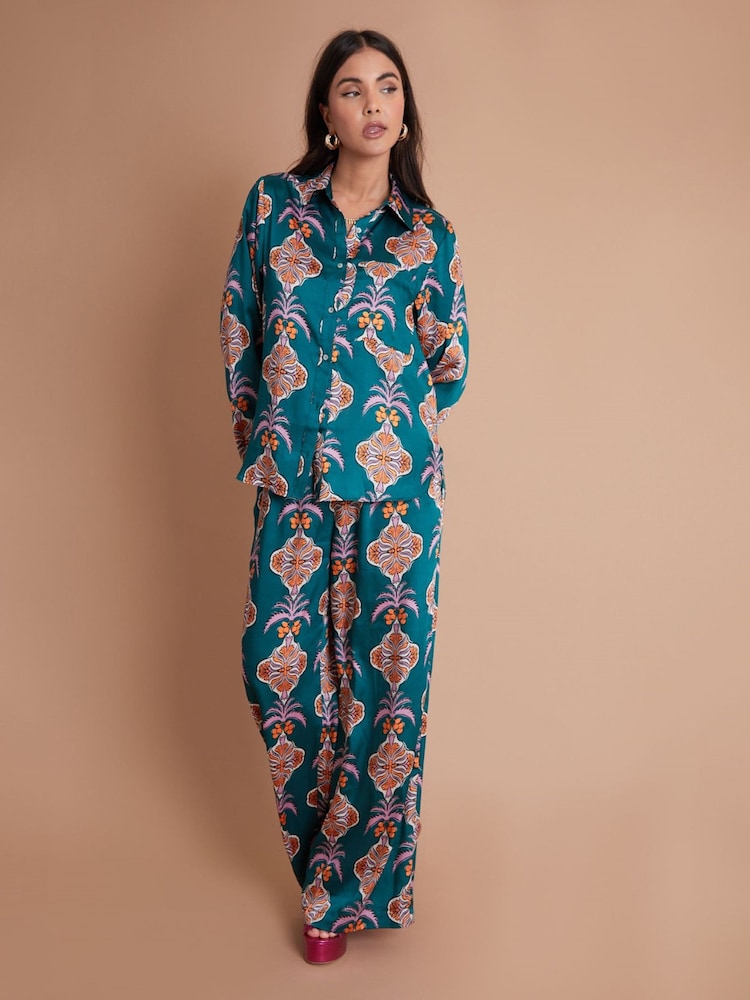 Another Sunday Long Sleeved Satin Oversized Shirt In Multi Print - Image 1 of 6
