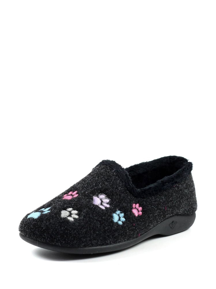 Lazy Dogz Charley Paw Print Full Black Slippers - Image 2 of 8
