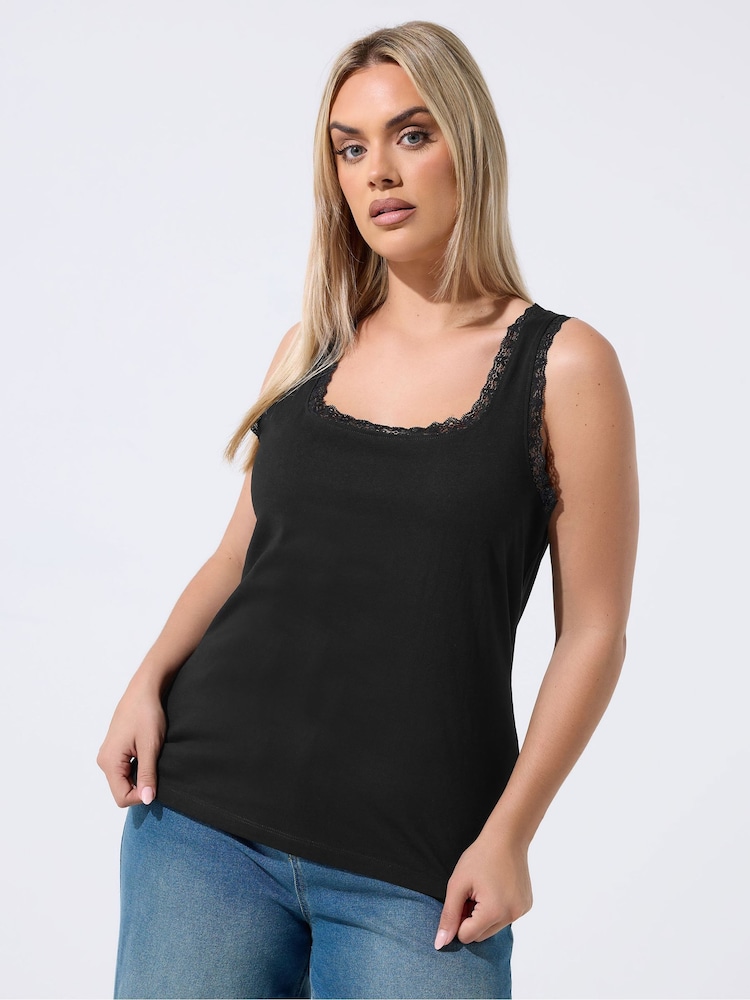 Yours Curve Black Lace Trim Vest Top - Image 1 of 5 Yours Curve Black Lace Trim Vest Top - Image 1 of 5