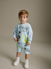 Light Blue Digger Jersey 100% Cotton Crew Neck Sweatshirt and Short Set (3mths-7yrs) - Image 1 of 6