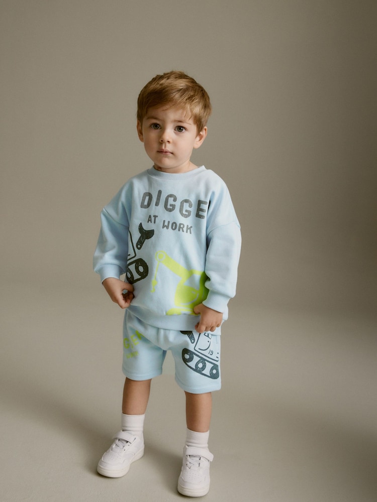 Light Blue Digger Jersey 100% Cotton Crew Neck Sweatshirt and Short Set (3mths-7yrs) - Image 1 of 6