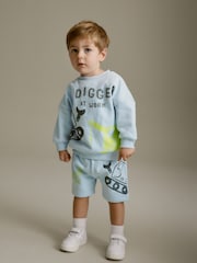 Light Blue Digger Jersey 100% Cotton Crew Neck Sweatshirt and Short Set (3mths-7yrs) - Image 2 of 6