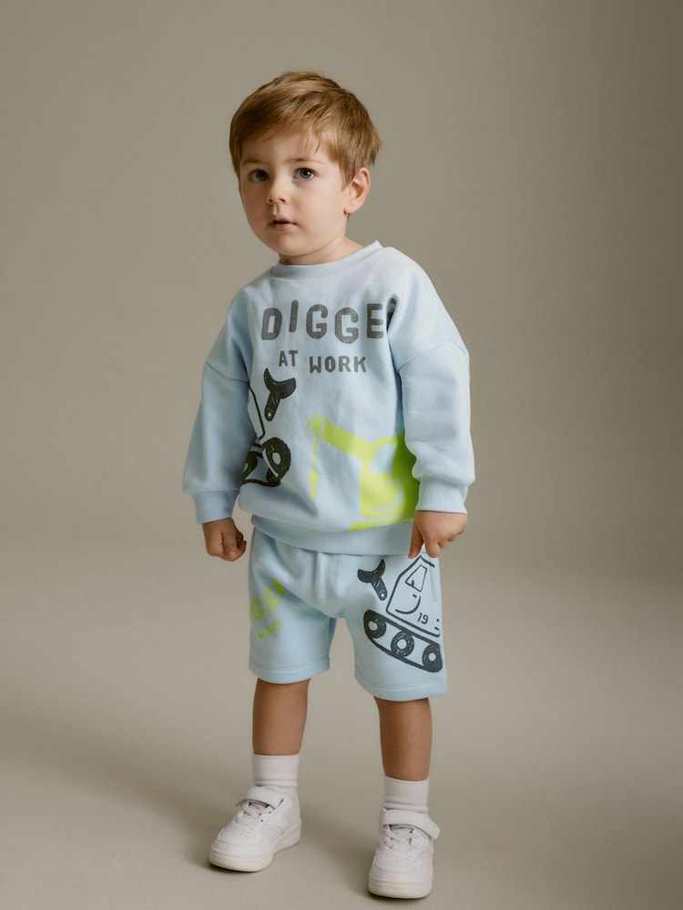 Light Blue Digger Jersey 100% Cotton Crew Neck Sweatshirt and Short Set (3mths-7yrs) - Image 2 of 6