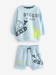 Light Blue Digger Jersey 100% Cotton Crew Neck Sweatshirt and Short Set (3mths-7yrs) - Image 4 of 6