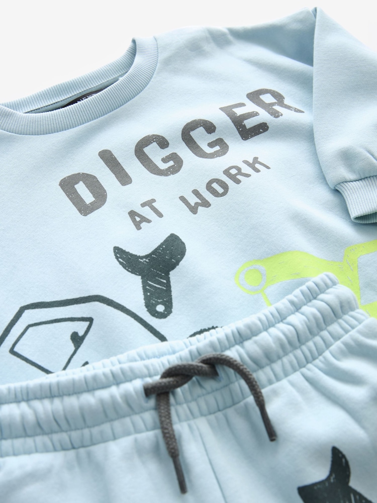 Light Blue Digger Jersey 100% Cotton Crew Neck Sweatshirt and Short Set (3mths-7yrs) - Image 6 of 6