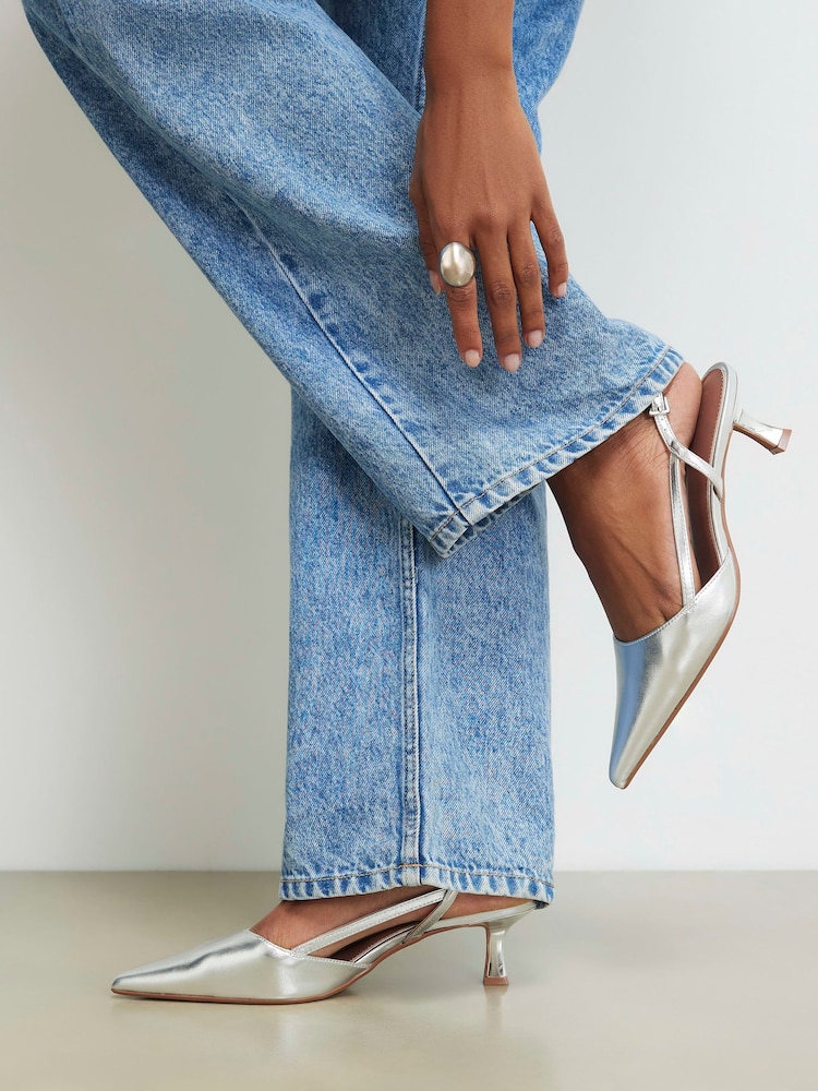 River Island Silver Slingback Heeled Court Shoes - Image 1 of 6 River Island Silver Slingback Heeled Court Shoes - Image 1 of 6