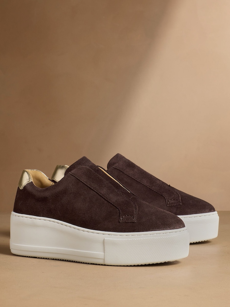 Russell & Bromley Brown Suede Park Up Laceless Flatform Trainers - Image 1 of 7
