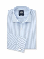 Sky Blå - Savile Row Company Randig Smal passform Bomull Poplin Dubbel Manschett Formell Skjorta - Bild 1 av 3