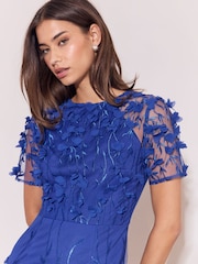 Lipsy Blue Petite 3D Flower Mesh Sleeve Fit And Flare Maxi Dress - Image 3 of 6
