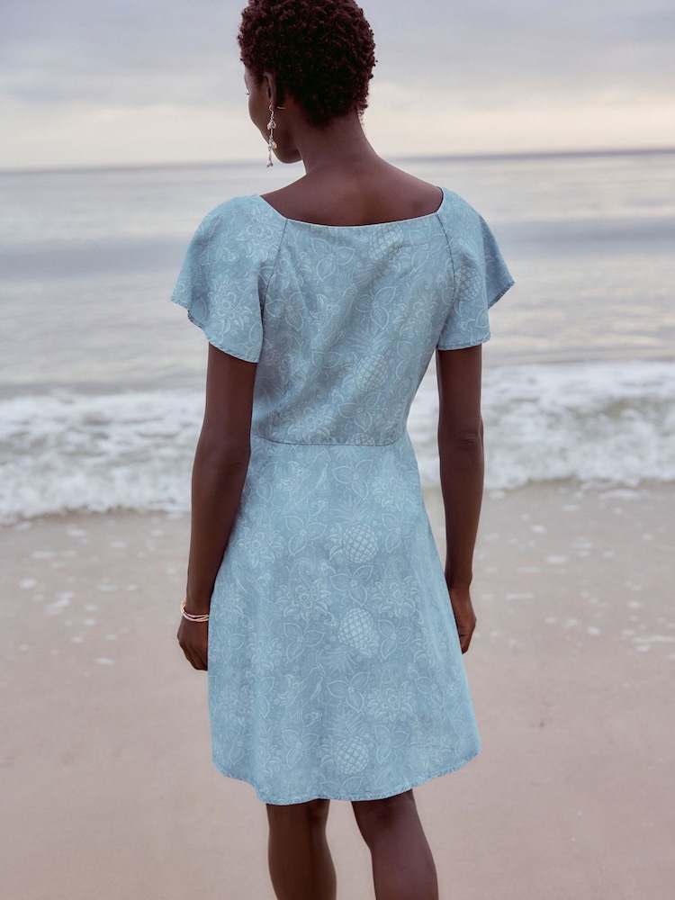 Blue Floral Print Denim TENCEL™ Mini Tea Dress - Image 2 of 4