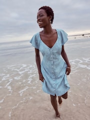 Blue Floral Print Denim TENCEL™ Mini Tea Dress - Image 3 of 4