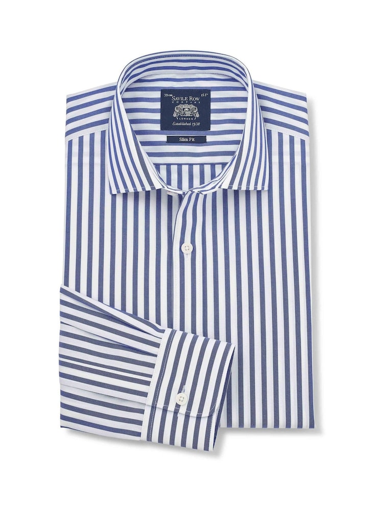 Společenská pruhovaná košile Savile Row Company Slim Fit z bavlněného popelínu s jednoduchými manžetami - Obrázek 1 z 3