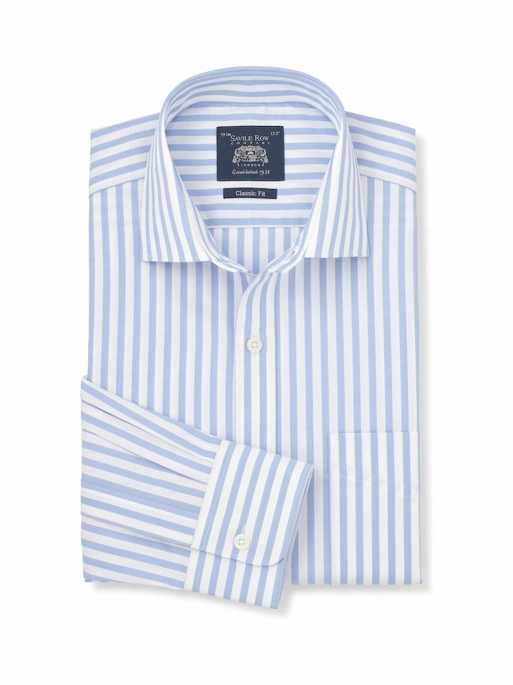Savile Row Company Sky Blue Classic Fit Striped Cotton Poplin Single Cuff Formal Shirt - Image 1 of 3