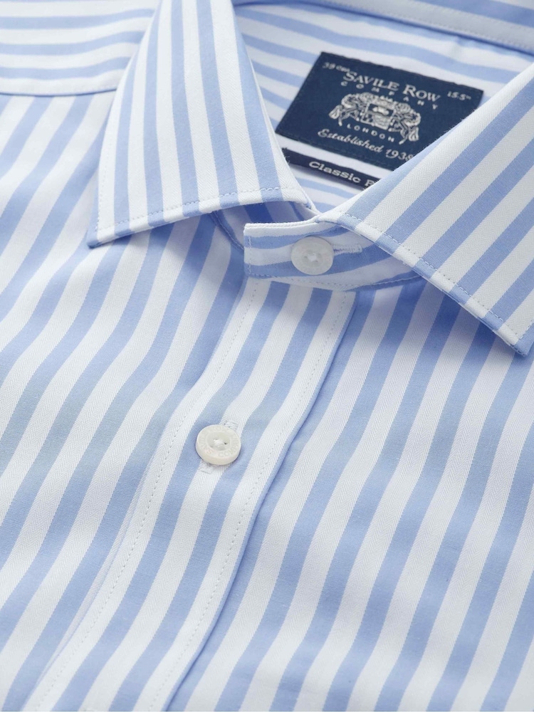 Savile Row Company Sky Blue Classic Fit Striped Cotton Poplin Single Cuff Formal Shirt - Image 3 of 3