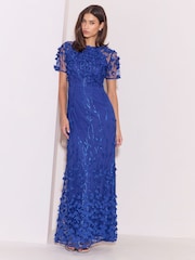 Lipsy Blue 3D Flower Mesh Sleeve Fit And Flare Maxi Dress - Image 1 of 6