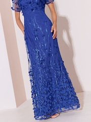 Lipsy Blue 3D Flower Mesh Sleeve Fit And Flare Maxi Dress - Image 4 of 6