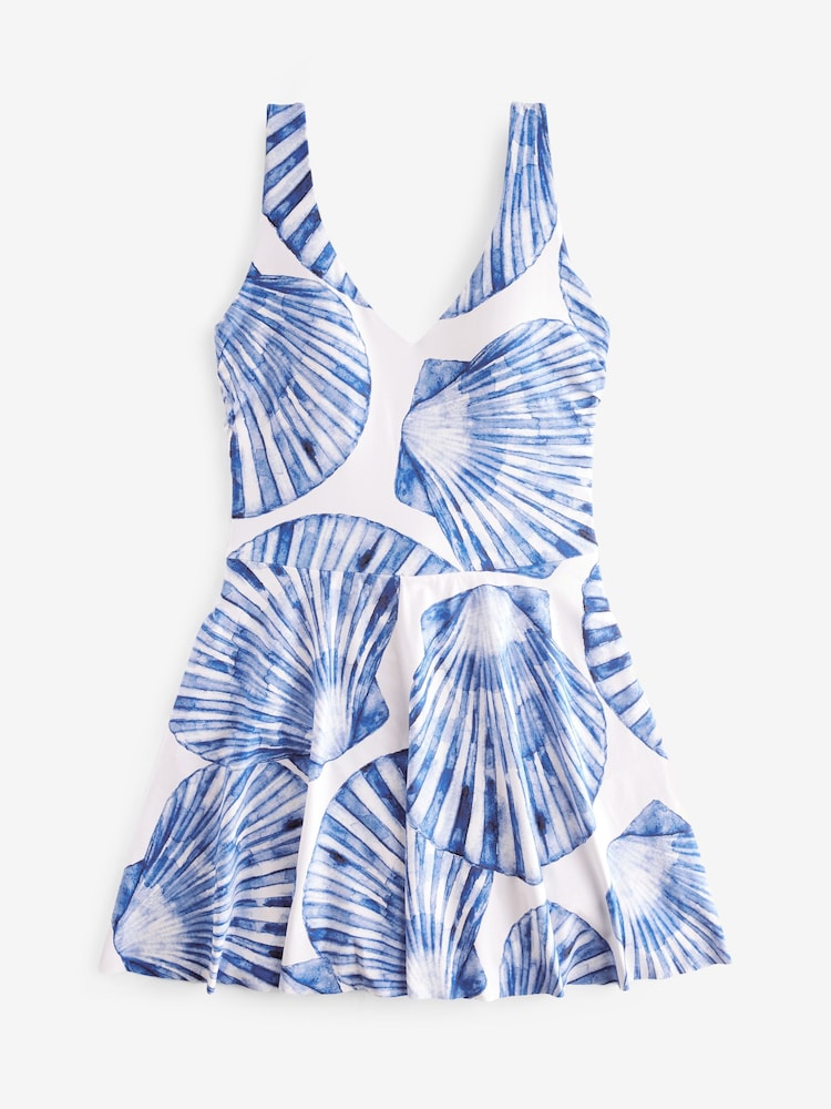 White/Blue Shell Tummy Shaping Control Skirted Swimsuit - Image 6 of 6