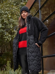 Yours Curve Black Mixed Teddy Quilted Coat - Image 1 of 5