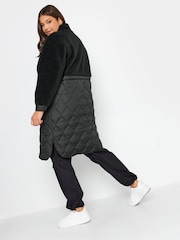 Yours Curve Black Mixed Teddy Quilted Coat - Image 3 of 5