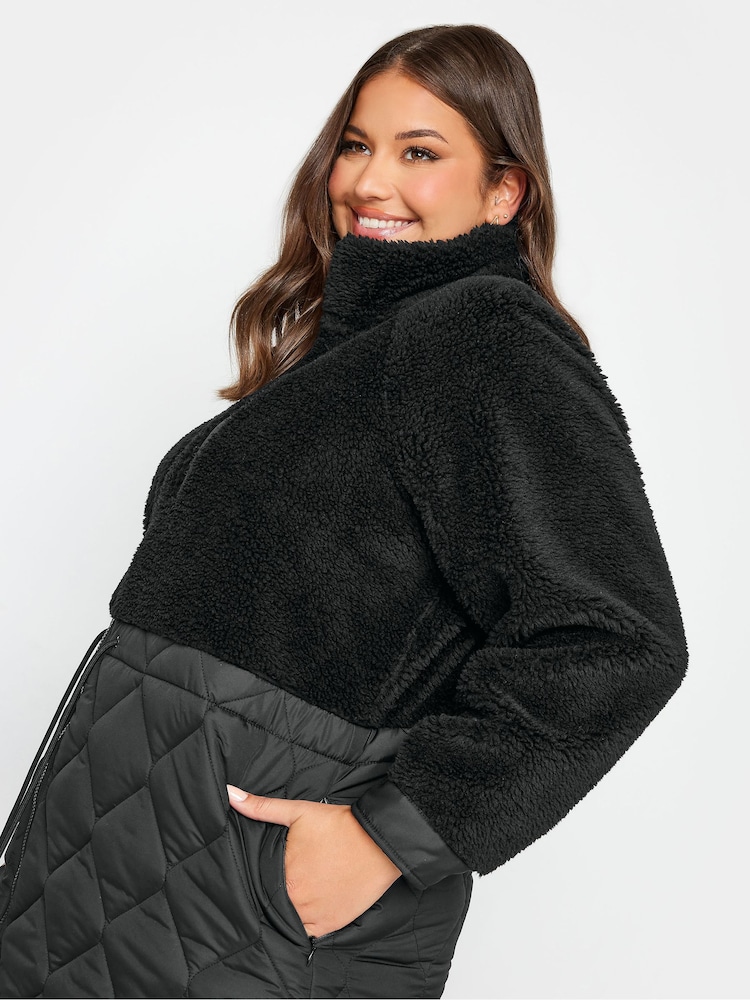 Yours Curve Black Mixed Teddy Quilted Coat - Image 5 of 5