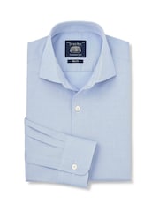 Savile Row Company Blue Slim Fit Stretch Cotton Herringbone Single Cuff Formal Shirt - Image 1 of 3