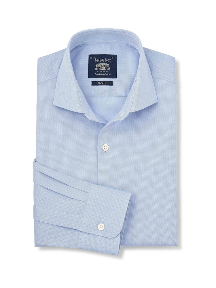 Savile Row Company Blue Slim Fit Stretch Cotton Herringbone Single Cuff Formal Shirt - Image 1 of 3