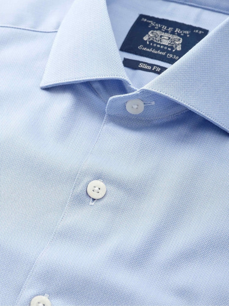Savile Row Company Blue Slim Fit Stretch Cotton Herringbone Single Cuff Formal Shirt - Image 3 of 3