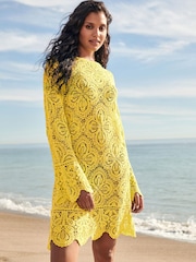 Yellow Slash Neck Crochet Beach Cover-Up - Image 1 of 6