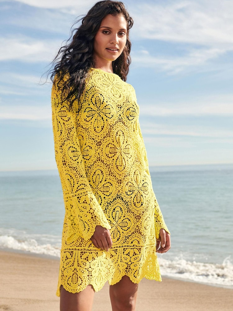 Yellow Slash Neck Crochet Beach Cover-Up - Image 1 of 6