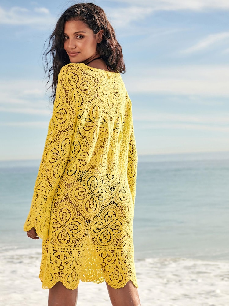 Yellow Slash Neck Crochet Beach Cover-Up - Image 2 of 6