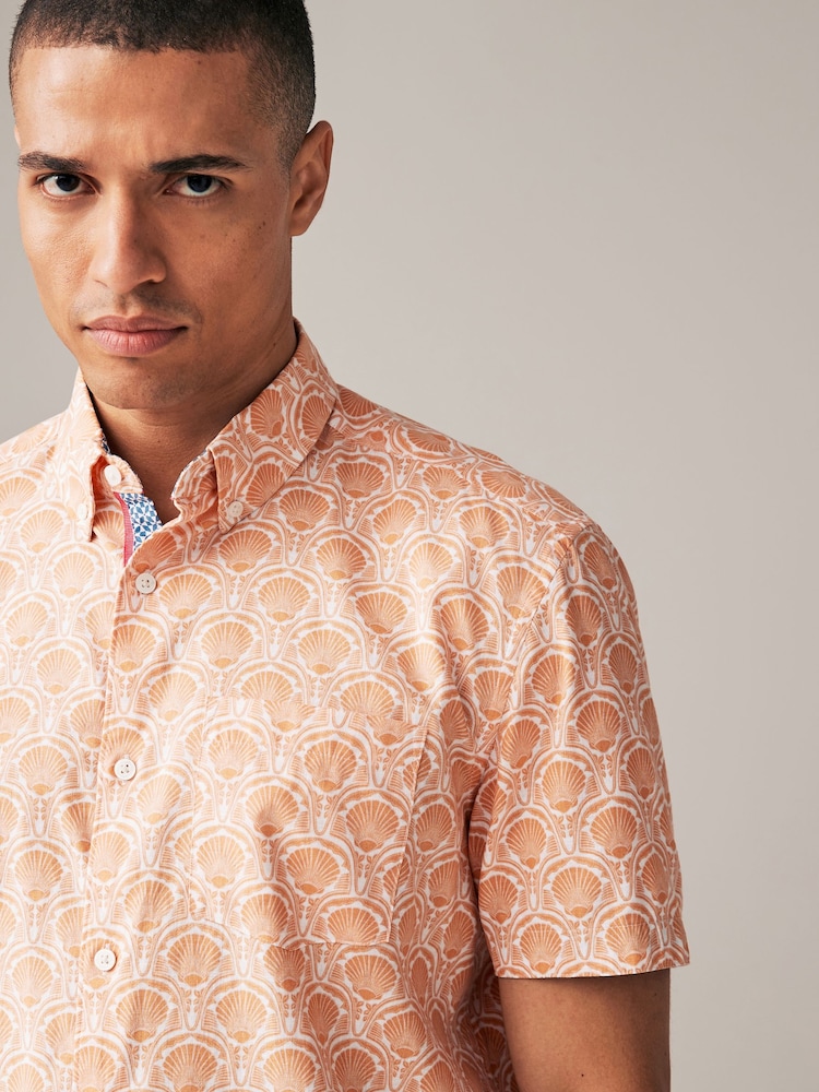 Orange Printed Linen Blend Short Sleeve 100% Cotton Shirt - Image 1 of 7