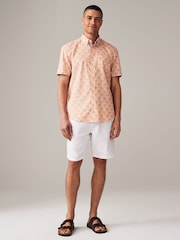 Orange Printed Linen Blend Short Sleeve 100% Cotton Shirt - Image 2 of 7