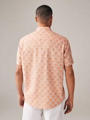 Orange Printed Linen Blend Short Sleeve 100% Cotton Shirt - Image 3 of 7