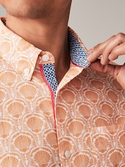 Orange Printed Linen Blend Short Sleeve 100% Cotton Shirt - Image 4 of 7