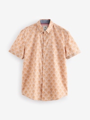 Orange Printed Linen Blend Short Sleeve 100% Cotton Shirt - Image 5 of 7