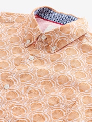 Orange Printed Linen Blend Short Sleeve 100% Cotton Shirt - Image 6 of 7