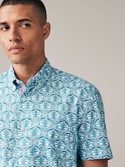 Blue Printed Linen Blend Short Sleeve 100% Cotton Shirt - Image 1 of 8