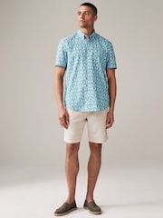 Blue Printed Linen Blend Short Sleeve 100% Cotton Shirt - Image 2 of 8