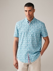 Blue Printed Linen Blend Short Sleeve 100% Cotton Shirt - Image 3 of 8