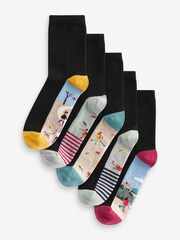 Autumn Dog Walking Scene Black Footbed Ankle Socks 5 Pack - Image 1 of 7