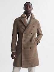 Reiss Camel Unity Modern Fit Wool Blend Double Breasted Dogtooth Coat - Image 1 of 6