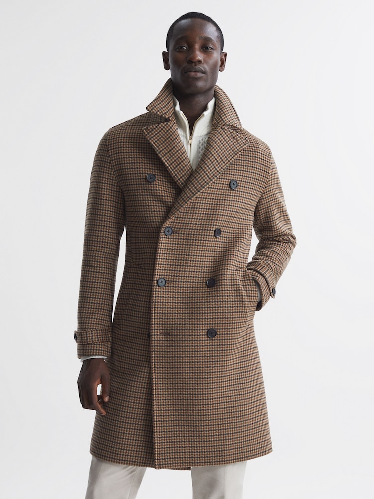 Reiss Camel Unity Modern Fit Wool Blend Double Breasted Dogtooth Coat - Image 1 of 6