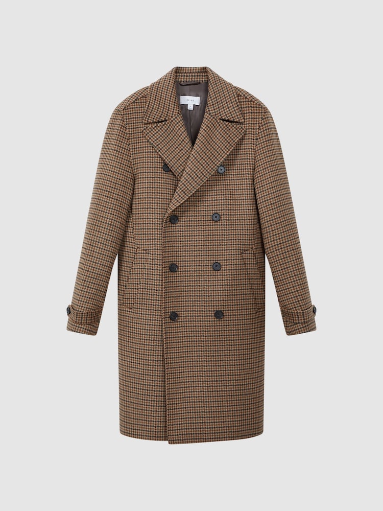 Reiss Camel Unity Modern Fit Wool Blend Double Breasted Dogtooth Coat - Image 2 of 6