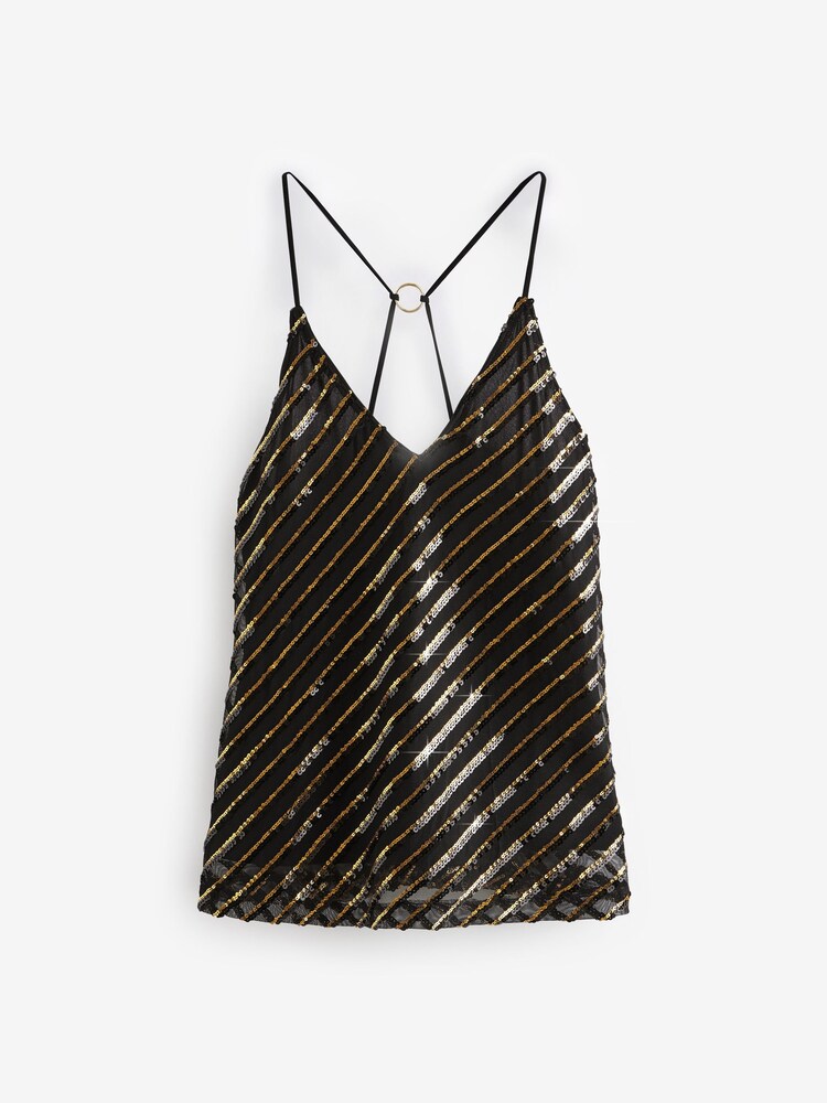 Schwarz/goldfarben - Pailletten-Cami-Top mit V-Ausschnitt - Bild 1 von 1 Schwarz/goldfarben - Pailletten-Cami-Top mit V-Ausschnitt - Bild 1 von 1
