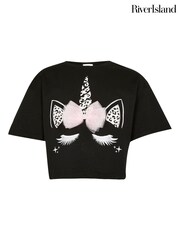 River Island Black Leopard Print 100% Cotton Unicorn Bow T-Shirt - Image 1 of 4