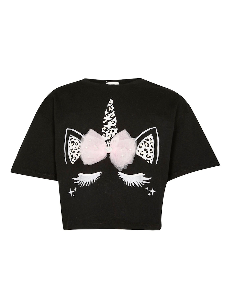 River Island Black Leopard Print 100% Cotton Unicorn Bow T-Shirt - Image 4 of 4